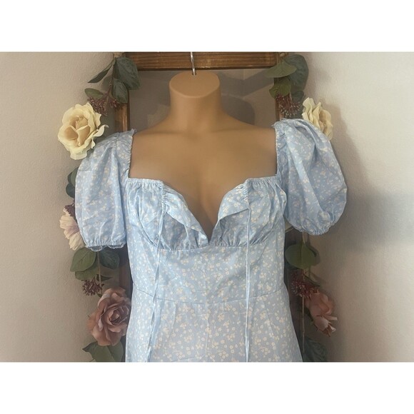 KUTUMAI Off Shoulder Puff Sleeve Floral Maxi Dress Sky Blue - Picture 6 of 9
